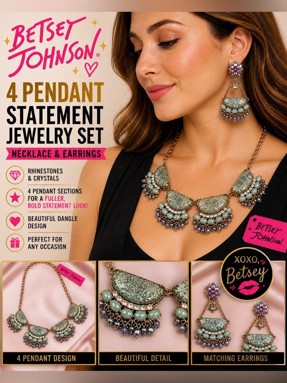 Betsey Johnson Statement Necklace Earrings Set Rhinestone Crystal Dangle Bib